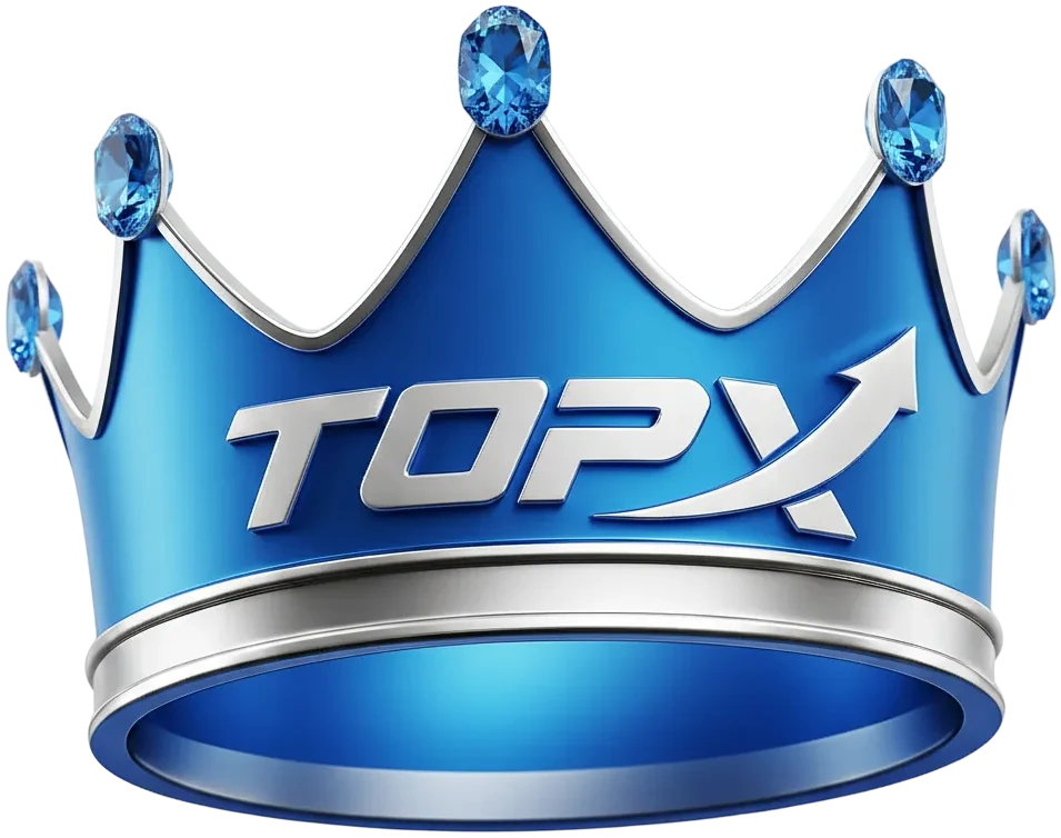 Coroa azul com o logotipo da TopX, elemento visual da marca