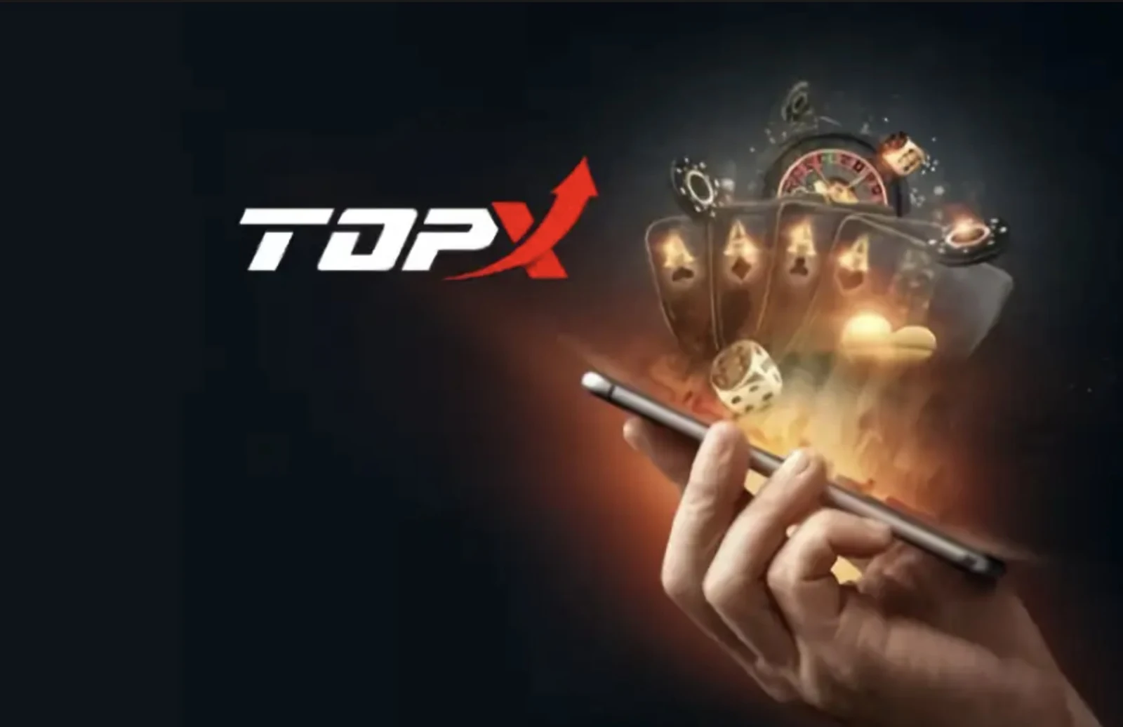 Mão segurando um celular com cartas e fichas saindo da tela, imagem da TopX
